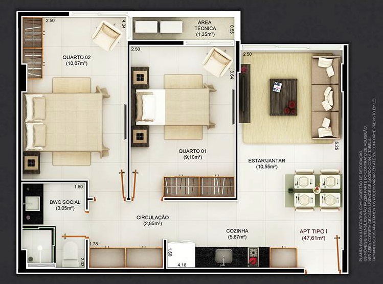 Planta 08 - 2 dorm 47,61m