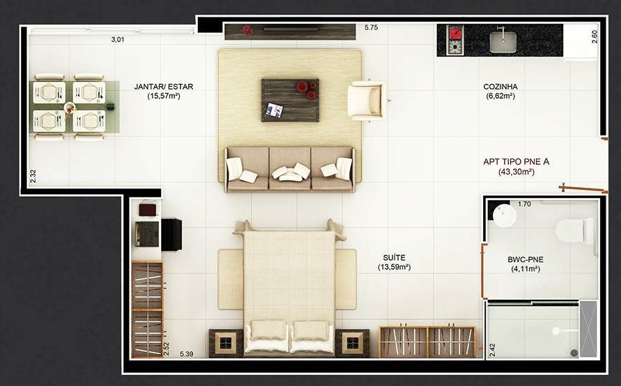 Planta 04 - 1 dorm 43,30m - studio