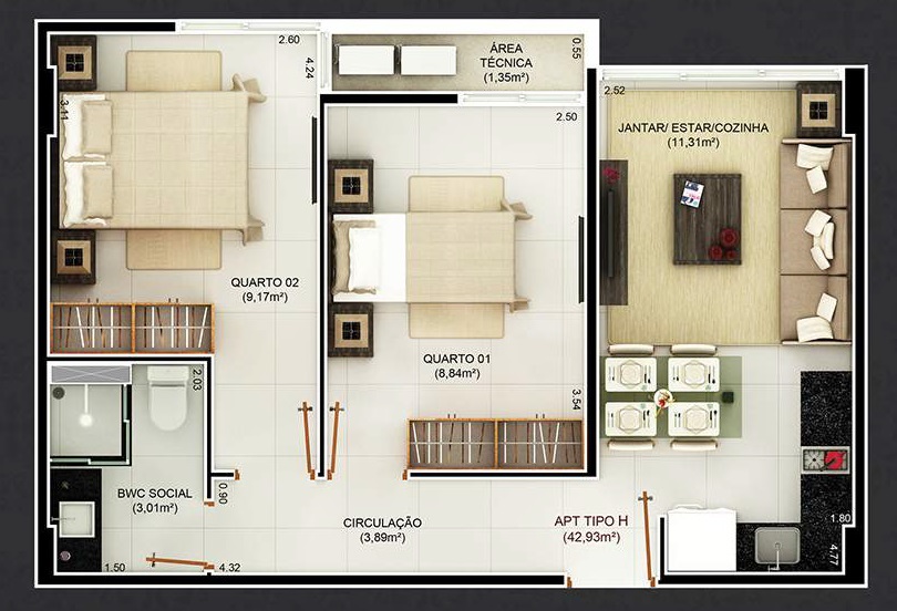 Planta 05 - 2 dorm 42,93m