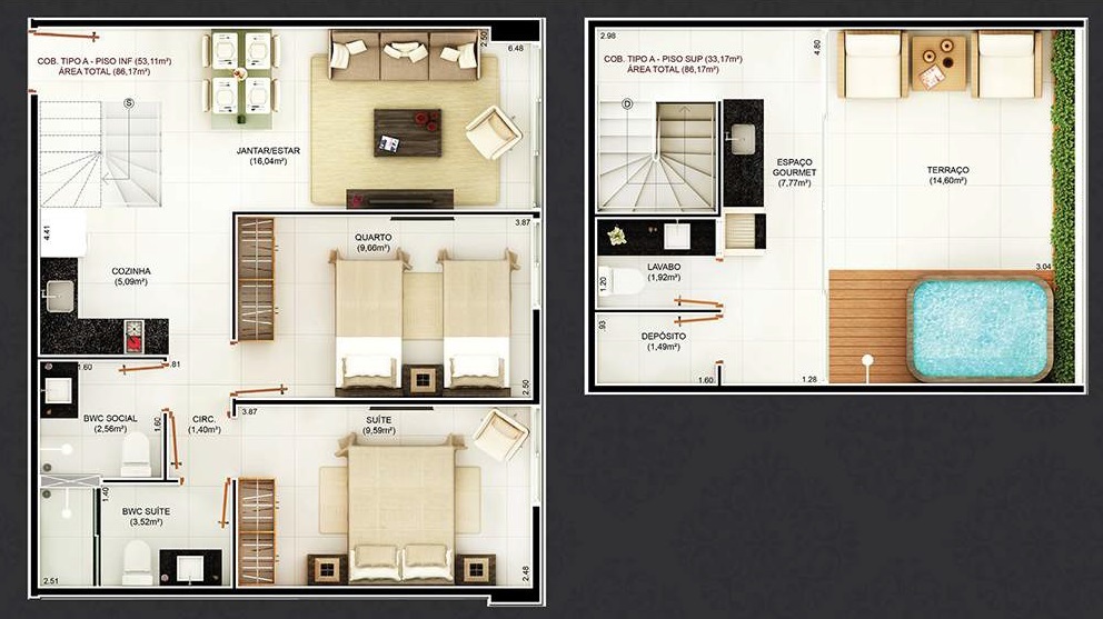 Planta 14 - 2 dorm 86,17m - cobertura duplex