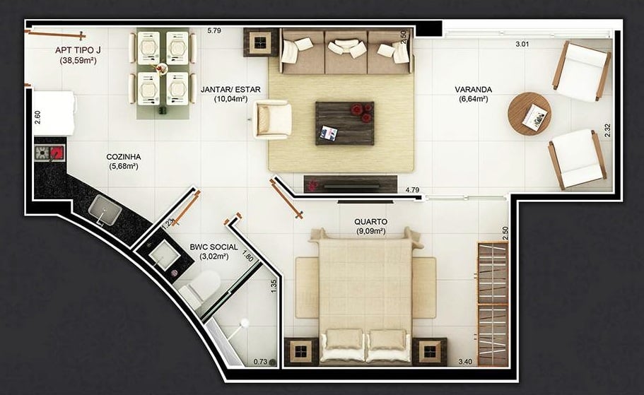 Planta 03 - 1 dorm 38,59m