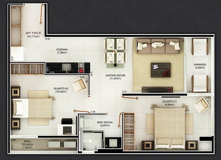 Planta 09 - 2 dorm 51,71m