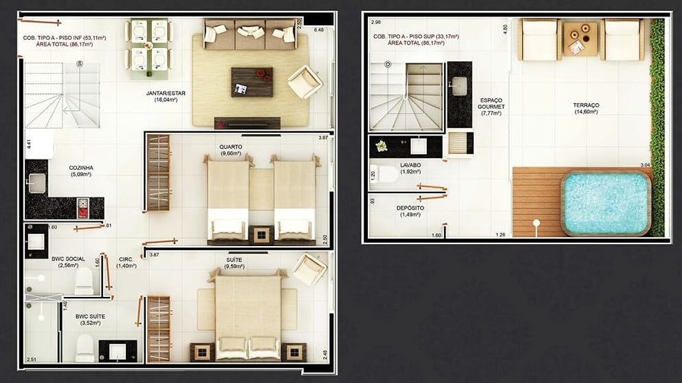 Planta 14 - 2 dorm 86,17m - cobertura duplex