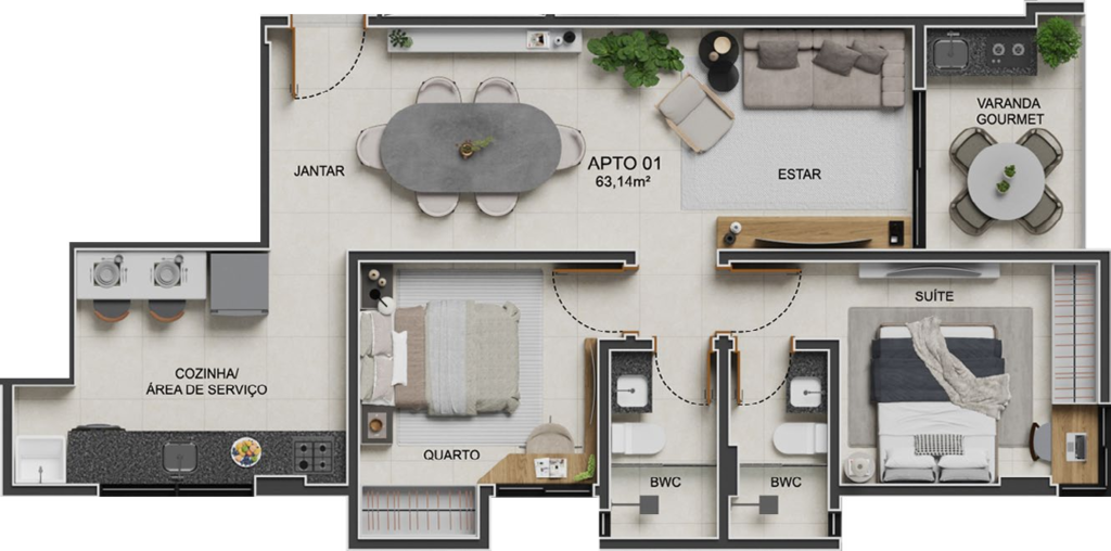 Planta 02 - 2 dorm 63,14m