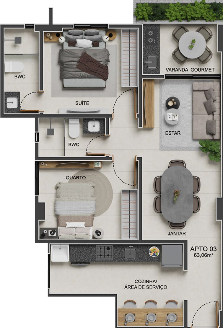 Planta 01 - 2 dorm 63,06m