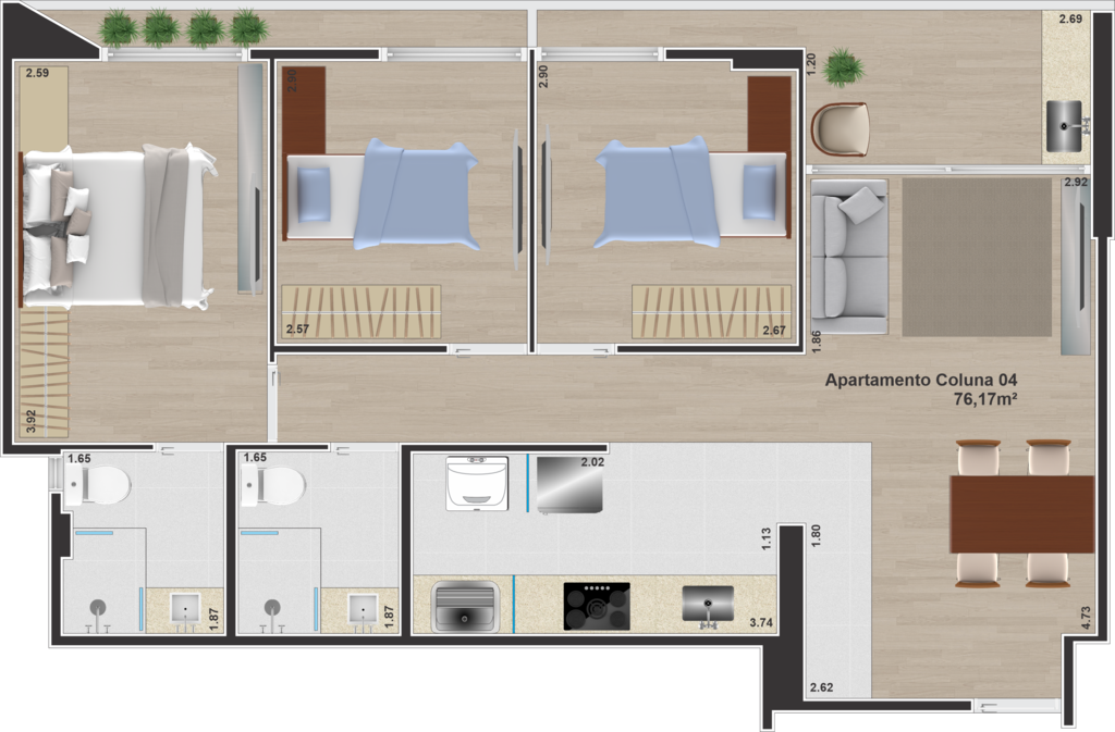 Planta 03 - 3 dorm 76,17m