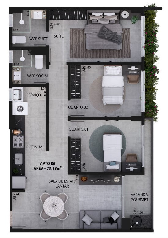 Planta 03 - 3 dorm 73,13m