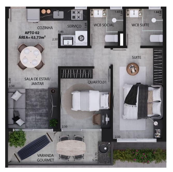 Planta 02 - 2 dorm 63,73m