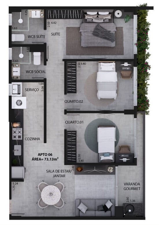 Planta 03 - 3 dorm 73,13m