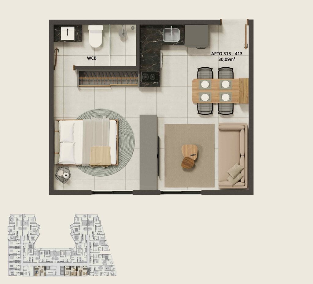 Planta 03 - 1 dorm 30,09m - studio