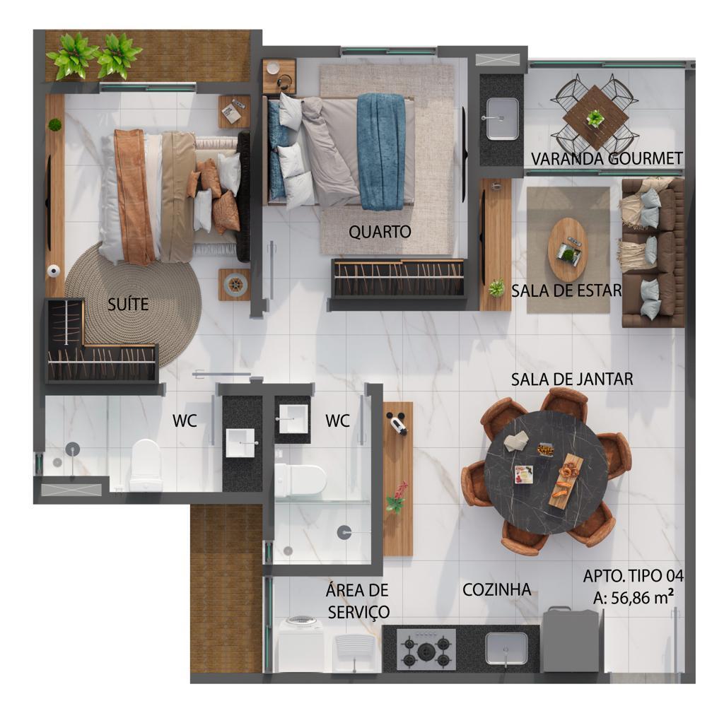Planta 03 - 2 dorm 56,86m