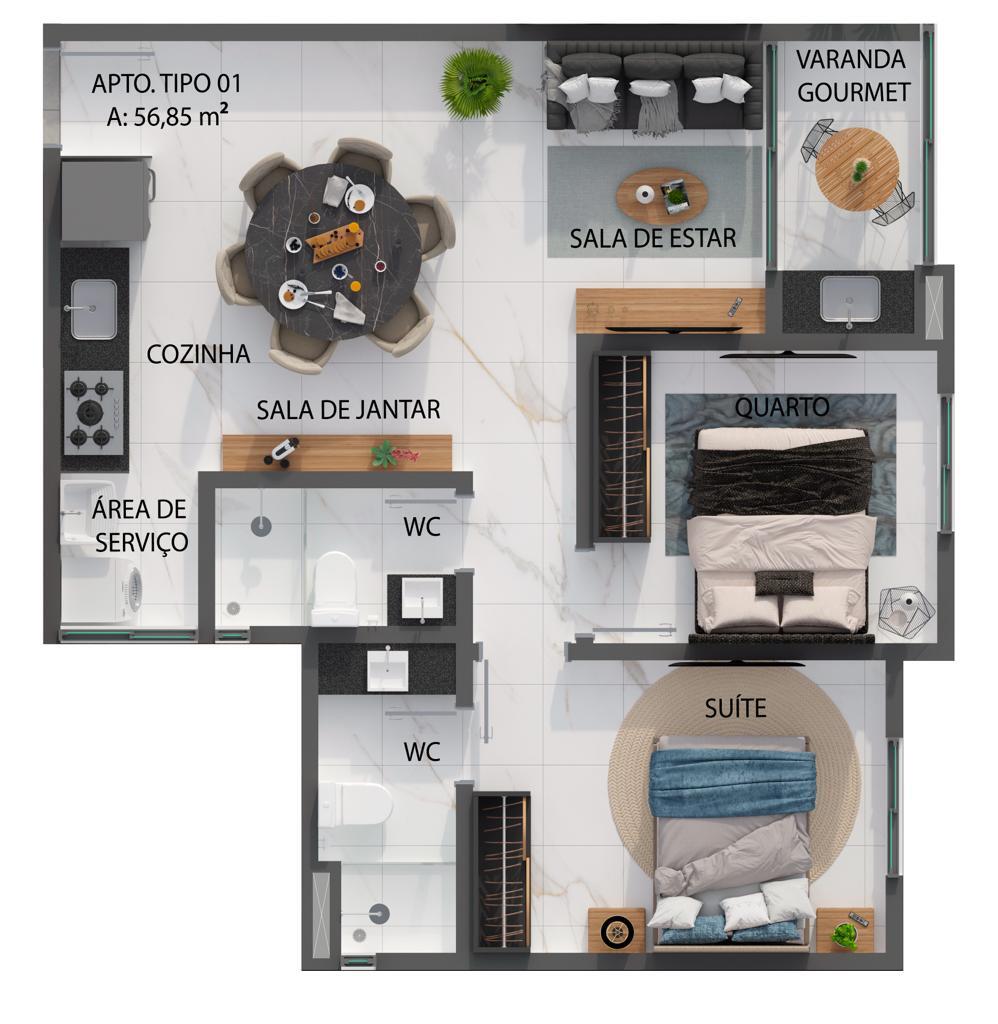 Planta 02 - 2 dorm 56,85m