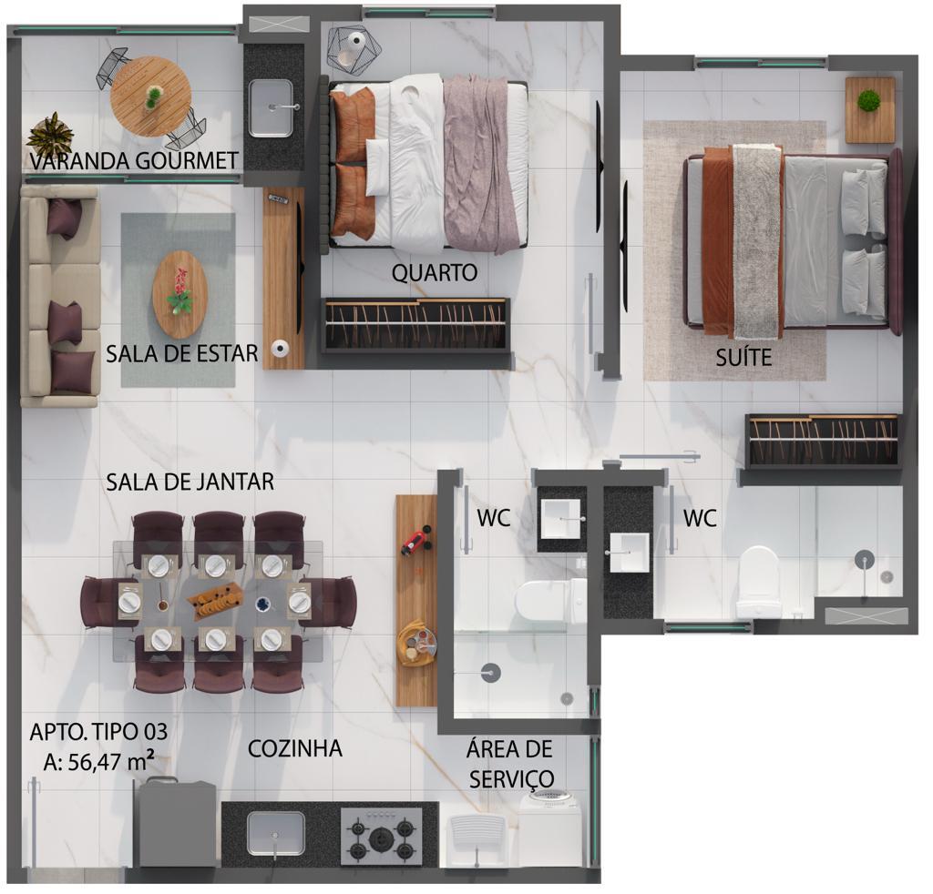 Planta 01 - 2 dorm 56,47m