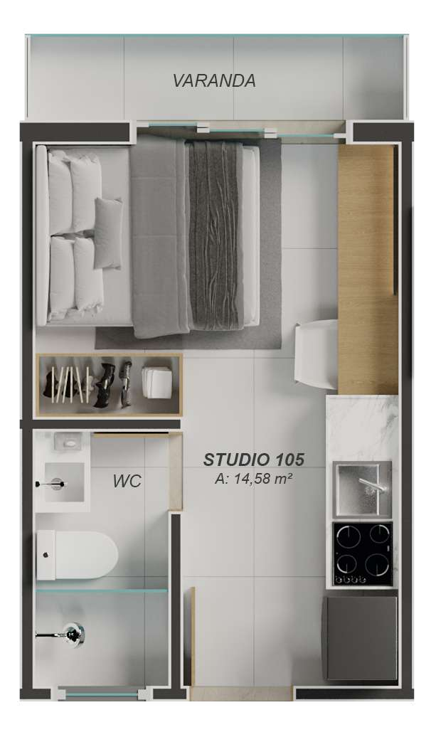 Planta 01 - 1 dorm 14,58m - studio