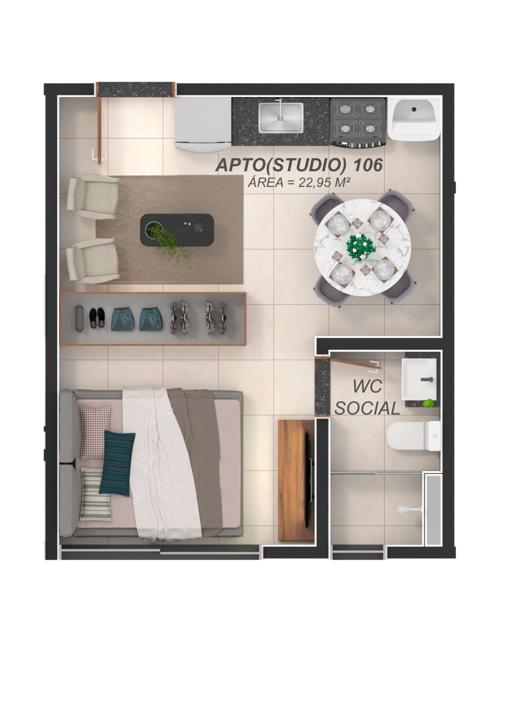 Planta 01 - 1 dorm 23m - studio