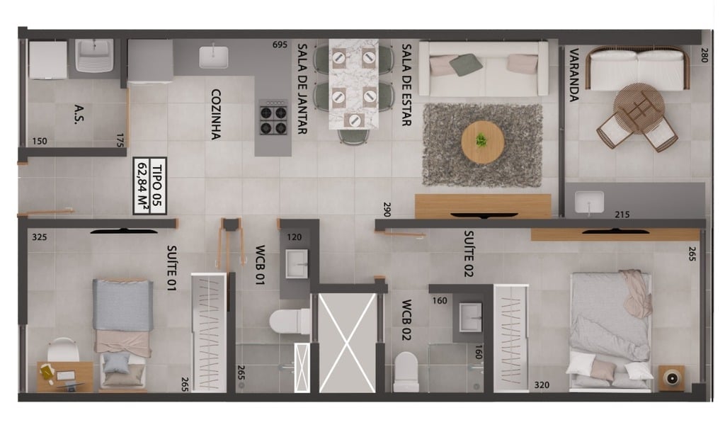 Planta 01 - 2 dorm 62,84m