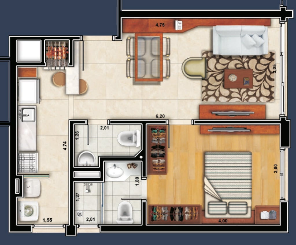 Planta 02 - 1 dorm 52,94m