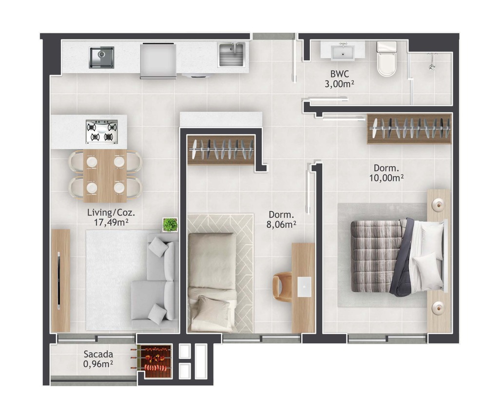 Planta 01 - 2 dorm 47,75m