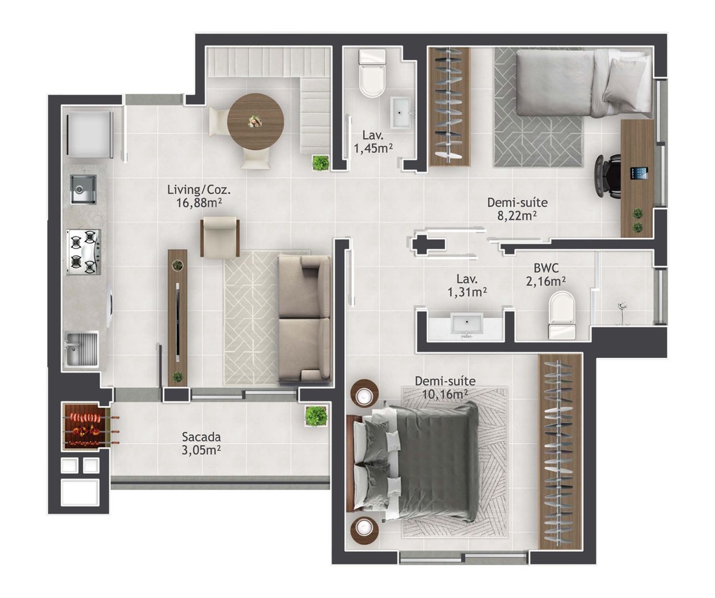 Planta 02 - 2 dorm 53,19m