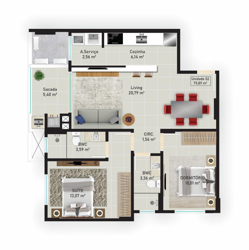 Planta 02 - 2 dorm 76m