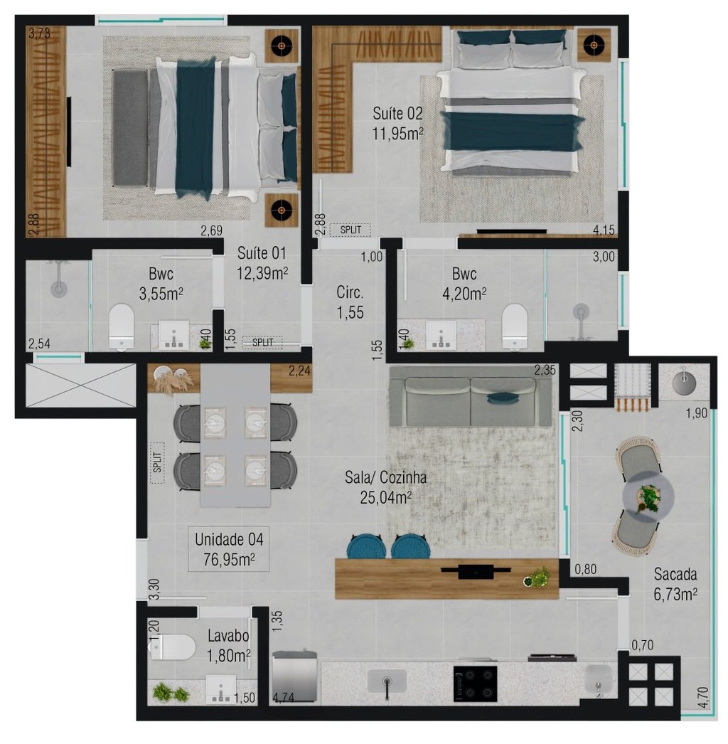 Planta 02 - 2 dorm 76,95m