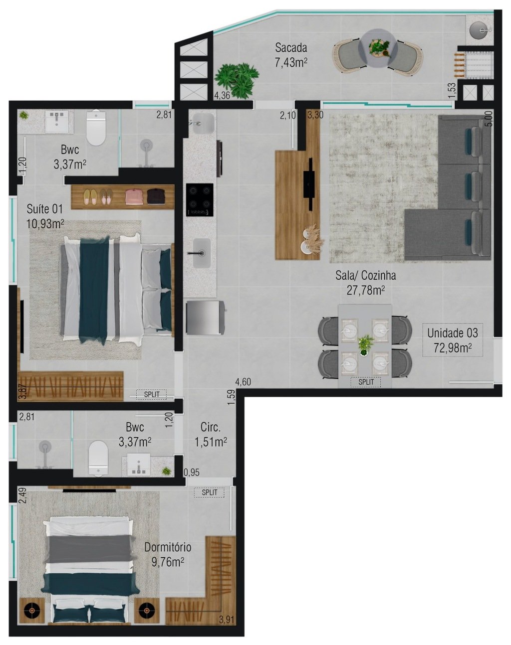 Planta 01 - 2 dorm 72,98m