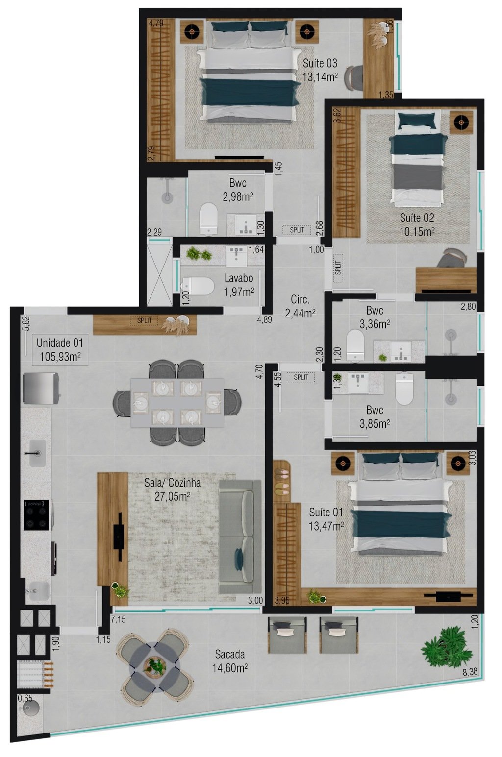 Planta 04 - 3 dorm 105,93m