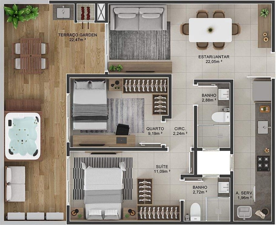 Planta 15 - 2 dorm 83 67m - garden
