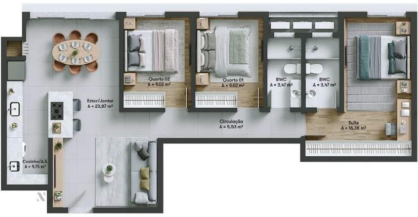Planta 09 - 3 dorm 95 57m²