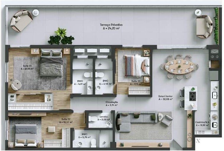 Planta 15 - 3 dorm 144 59m² - garden