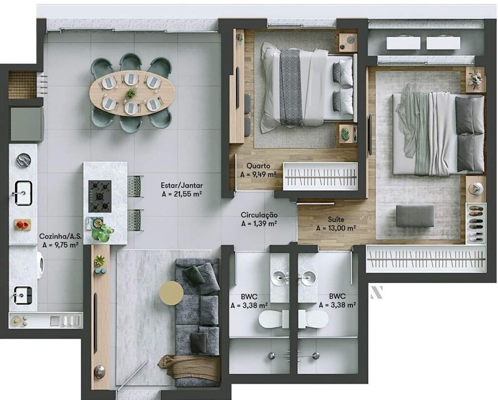 Planta 10 - 2 dorm 73 96m²