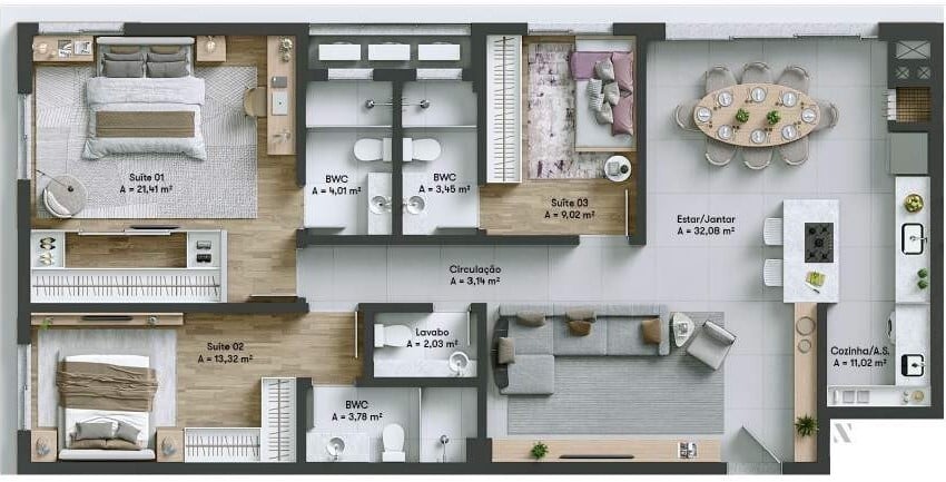 Planta 08 - 3 dorm 119 75m²