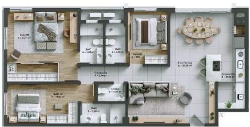 Planta 01 - 3 dorm 119 70m²