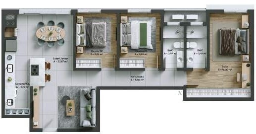 Planta 02 - 3 dorm 95 57m²