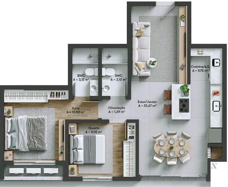 Planta 12 - 2 dorm 73 51m²