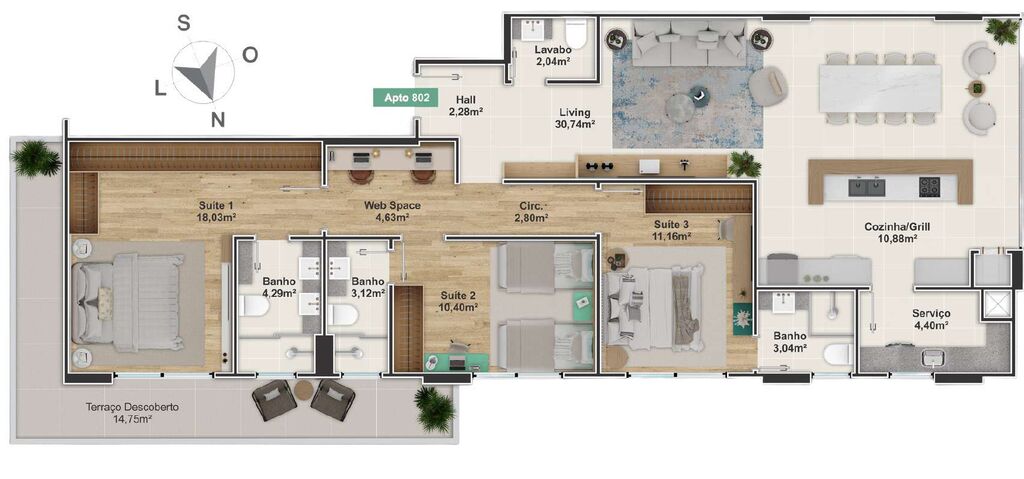 Planta 02 - 3 dorm 131,94m