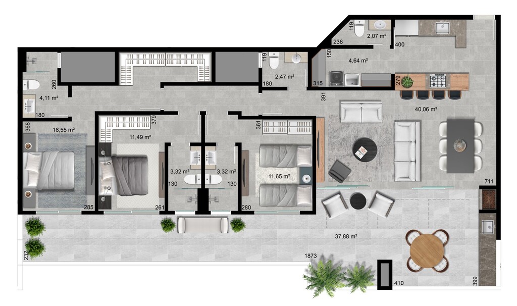 Planta 14 - 3 dorm 172 03m - cobertura horizontal