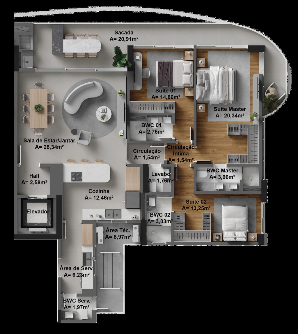 Planta 01 - 3 dorm 168 15m