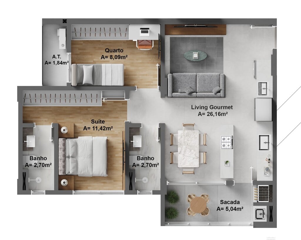 Planta 03 - 2 dorm 68,87m