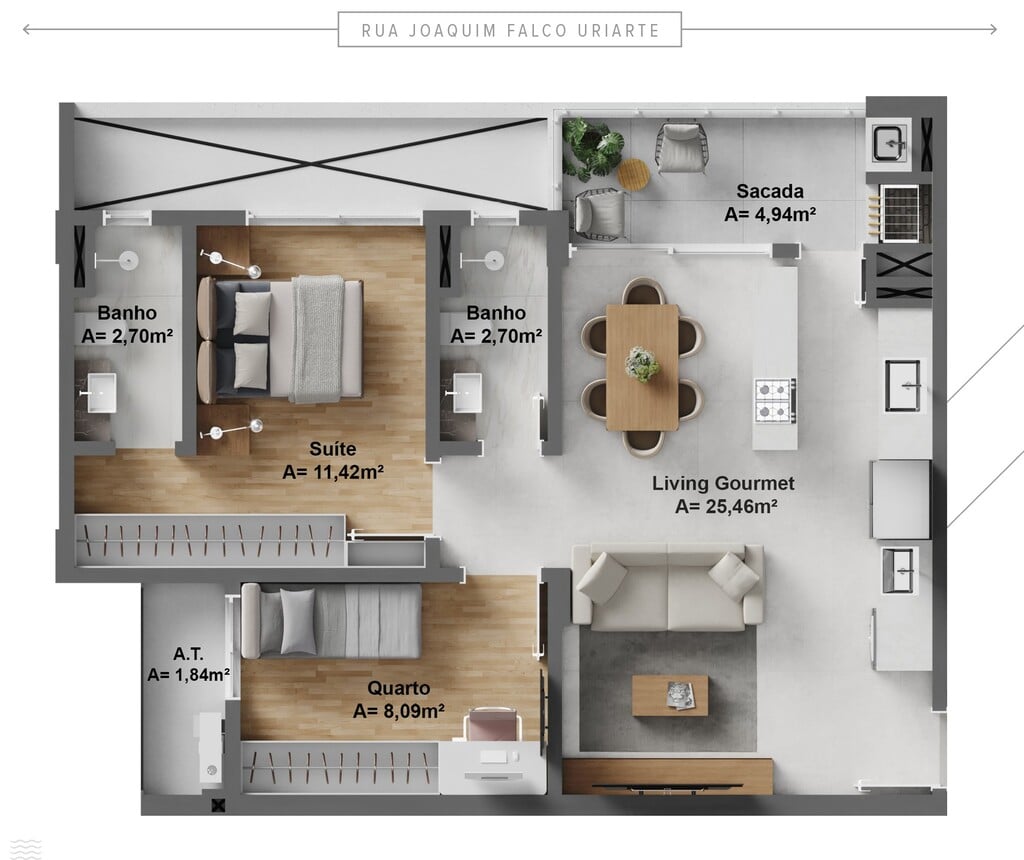 Planta 02 - 2 dorm 68,62m