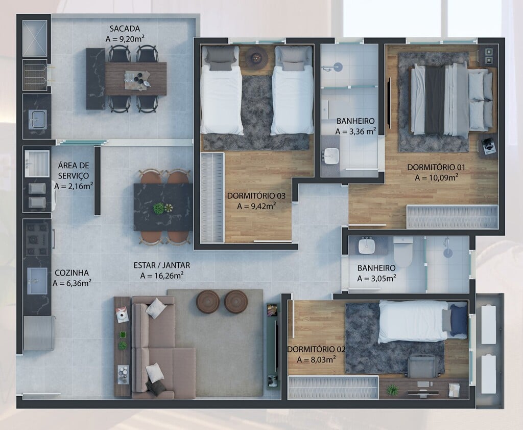 Planta 04 - 3 dorm 80m