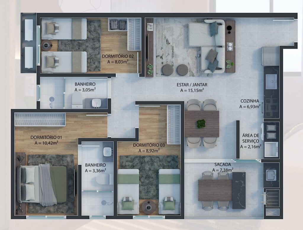 Planta 03 - 3 dorm 77 50m