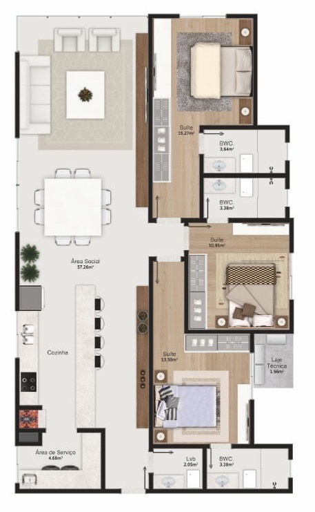 Planta 01 - 3 dorm 126 85m