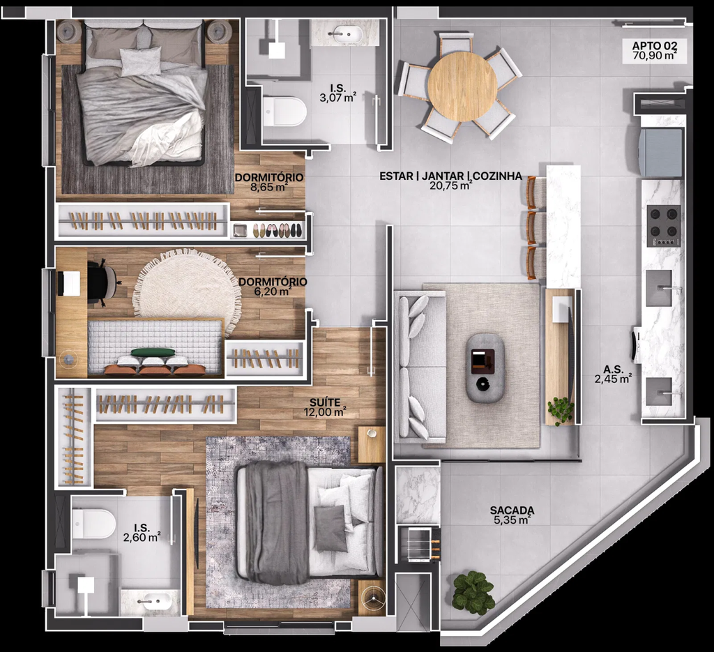 Planta 03 - 3 dorm 70,90m