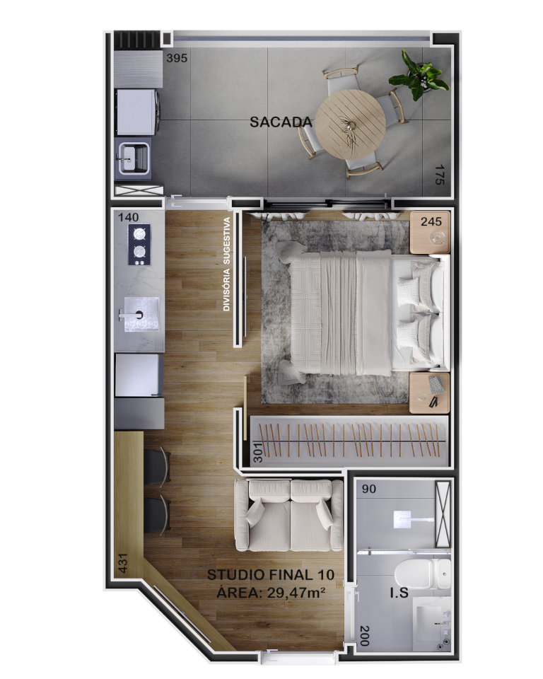 Planta 07 - 1 dorm 29,47m - studio