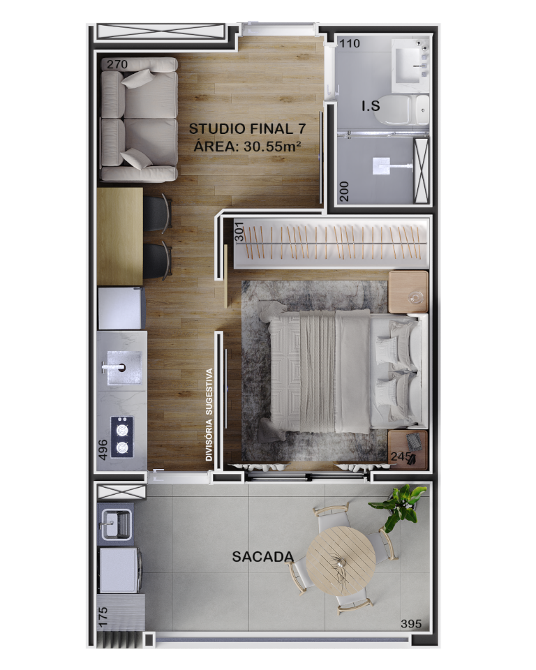 Planta 09 - 1 dorm 30,55m - studio