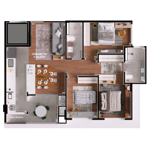 Planta 02 - 3 dorm 85 53m