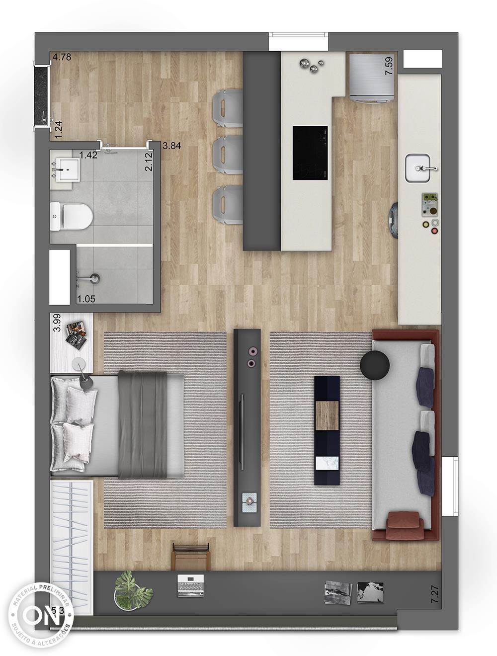 Planta 09 - 1 dorm 24m - studio