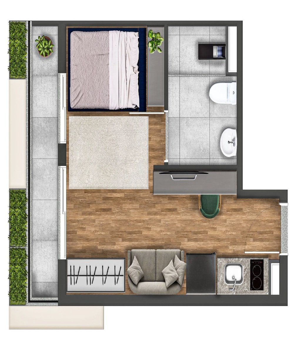 Planta 02 - 1 dorm 28m - studio