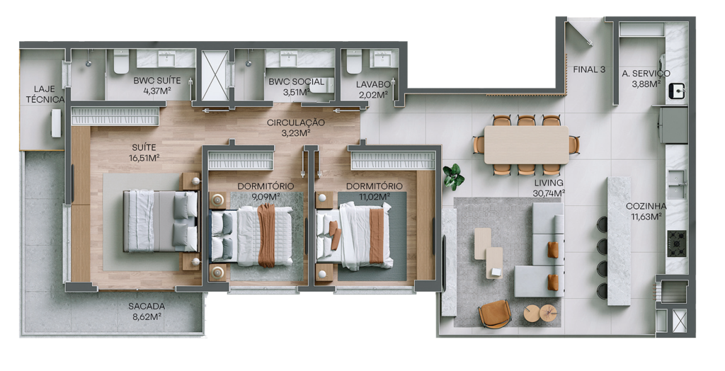 Planta 02 - 3 dorm 123m